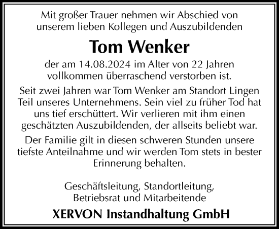 Traueranzeige von Tom Wenker von Neue Osnabrücker Zeitung GmbH & Co. KG