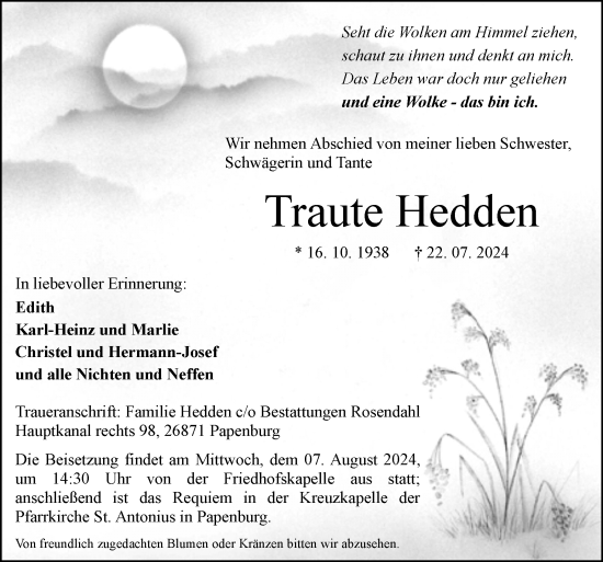 Traueranzeige von Traute Hedden von Neue Osnabrücker Zeitung GmbH & Co. KG