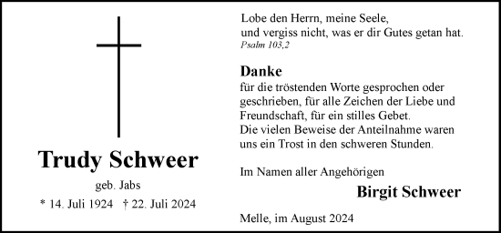 Traueranzeige von Trudy Schweer von Neue Osnabrücker Zeitung GmbH & Co. KG