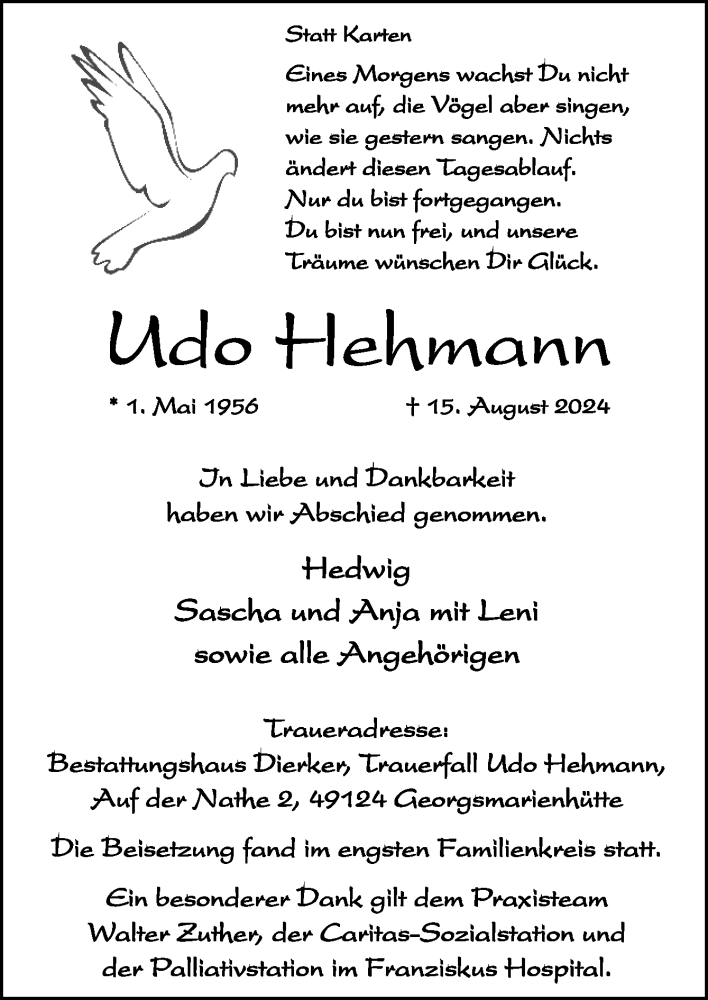  Traueranzeige für Udo Hehmann vom 31.08.2024 aus Neue Osnabrücker Zeitung GmbH & Co. KG