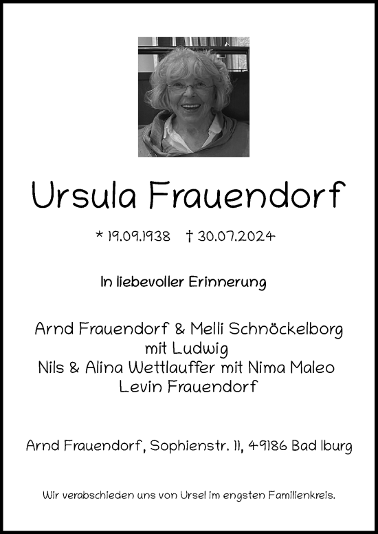 Traueranzeige von Ursula Frauendorf von Neue Osnabrücker Zeitung GmbH & Co. KG