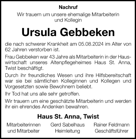 Traueranzeige von Ursula Gebbeken von Neue Osnabrücker Zeitung GmbH & Co. KG