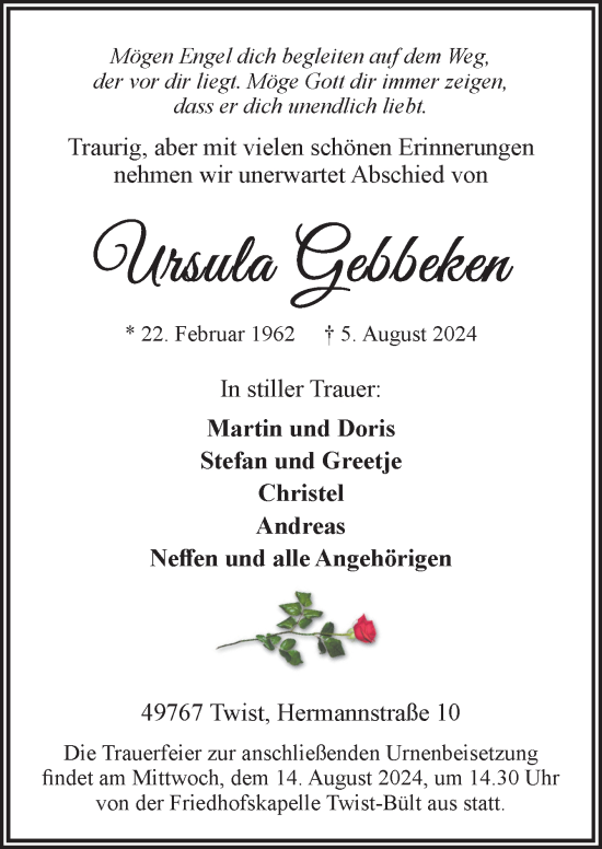 Traueranzeige von Ursula Gebbeken von Neue Osnabrücker Zeitung GmbH & Co. KG