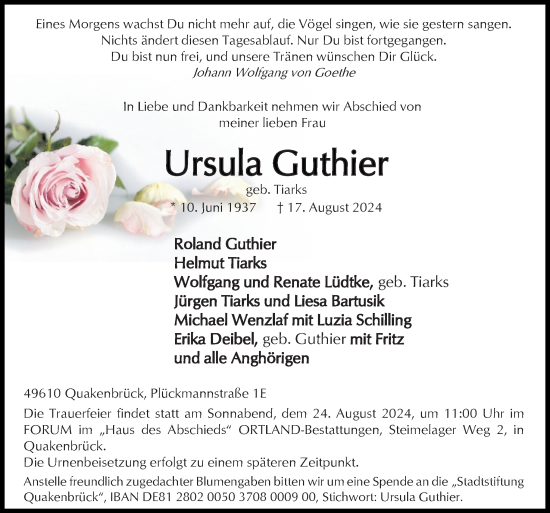 Traueranzeige von Ursula Guthier von Neue Osnabrücker Zeitung GmbH & Co. KG