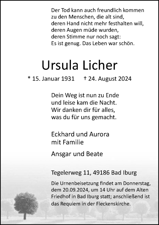 Traueranzeige von Ursula Licher von Neue Osnabrücker Zeitung GmbH & Co. KG