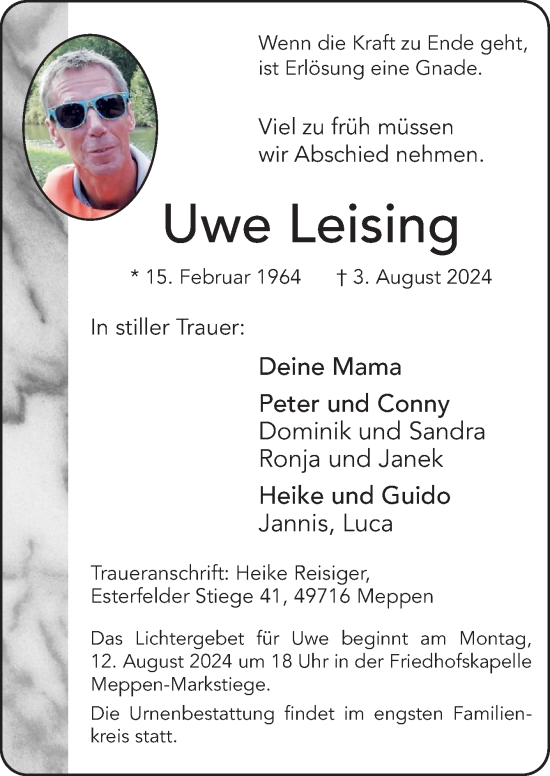 Traueranzeige von Uwe Leising von Neue Osnabrücker Zeitung GmbH & Co. KG