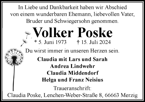 Traueranzeige von Volker Poske von Neue Osnabrücker Zeitung GmbH & Co. KG