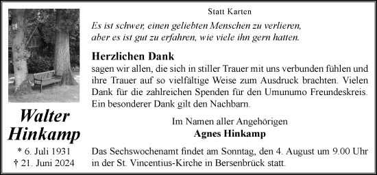 Traueranzeige von Walter Hinkamp von Neue Osnabrücker Zeitung GmbH & Co. KG