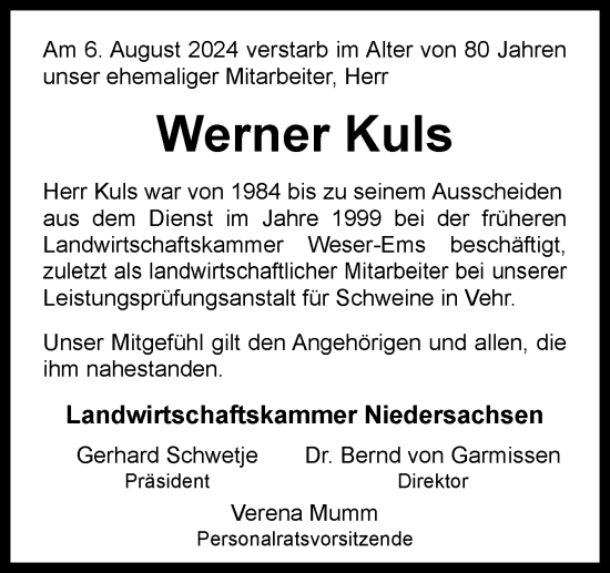 Traueranzeige von Werner Kuls von Neue Osnabrücker Zeitung GmbH & Co. KG