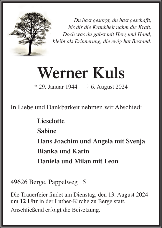 Traueranzeige von Werner Kuls von Neue Osnabrücker Zeitung GmbH & Co. KG