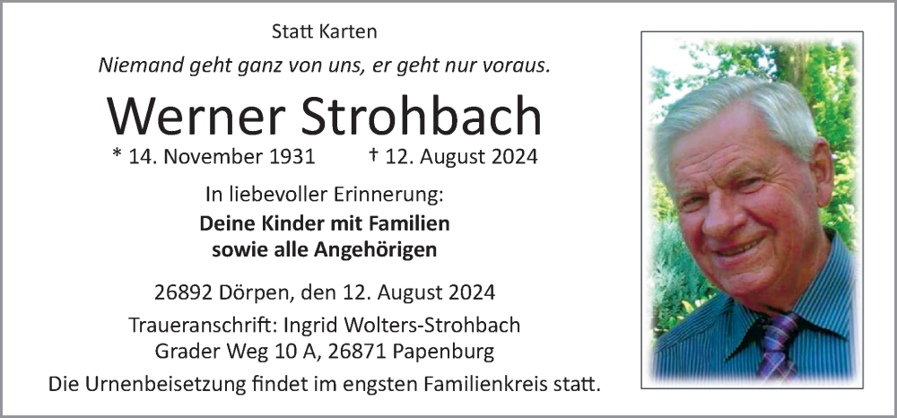  Traueranzeige für Werner Strohbach vom 17.08.2024 aus Neue Osnabrücker Zeitung GmbH & Co. KG
