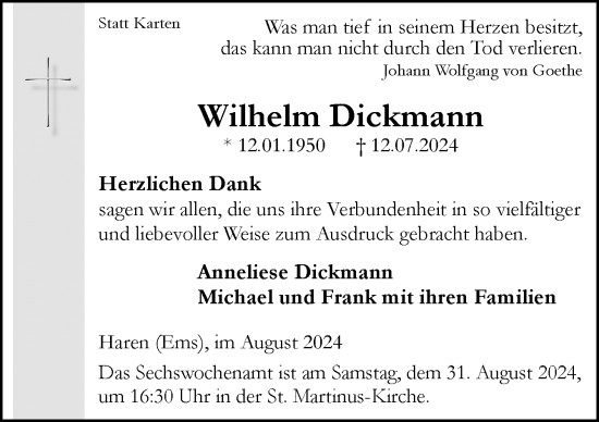 Traueranzeige von Wilhelm Dickmann von Neue Osnabrücker Zeitung GmbH & Co. KG