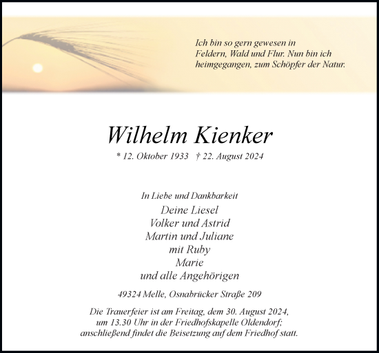 Traueranzeige von Wilhelm Kienker von Neue Osnabrücker Zeitung GmbH & Co. KG