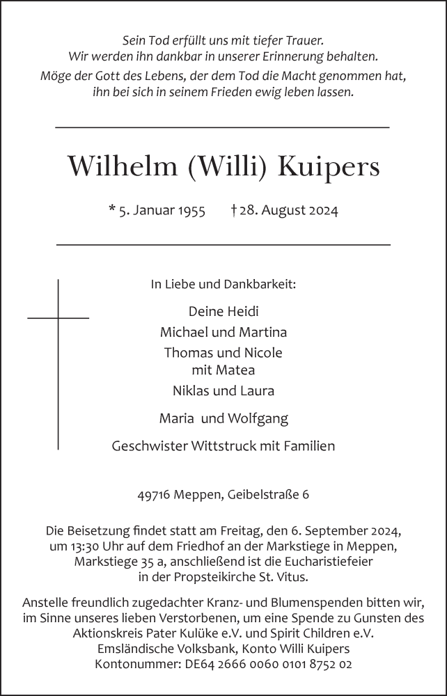  Traueranzeige für Wilhelm Kuipers vom 31.08.2024 aus Neue Osnabrücker Zeitung GmbH & Co. KG