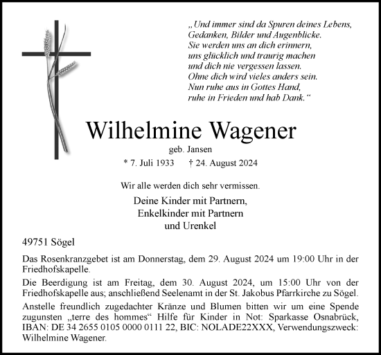 Traueranzeige von Wilhelmine Wagener von Neue Osnabrücker Zeitung GmbH & Co. KG