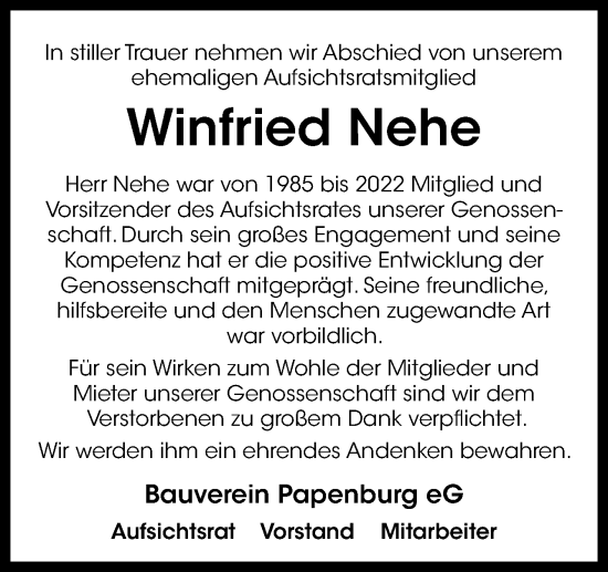 Traueranzeige von Winfried Nehe von Neue Osnabrücker Zeitung GmbH & Co. KG