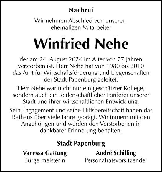 Traueranzeige von Winfried Nehe von Neue Osnabrücker Zeitung GmbH & Co. KG