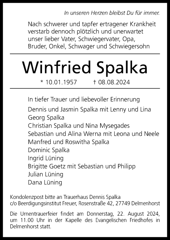 Traueranzeige von Winfried Spalka von DK Medien GmbH & Co. KG