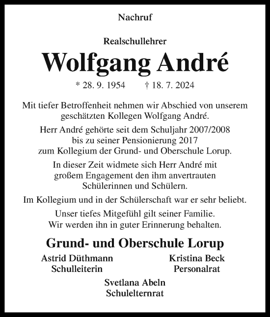 Traueranzeige von Wolfgang André von Neue Osnabrücker Zeitung GmbH & Co. KG