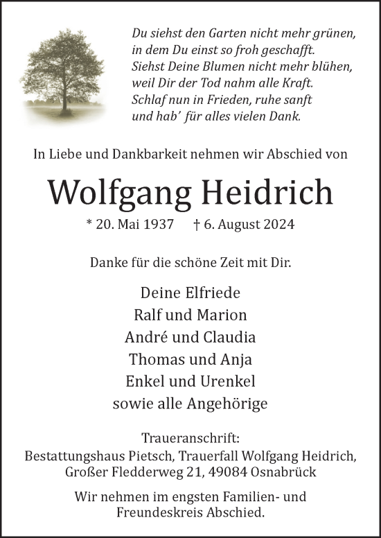 Traueranzeige von Wolfgang Heidrich von Neue Osnabrücker Zeitung GmbH & Co. KG