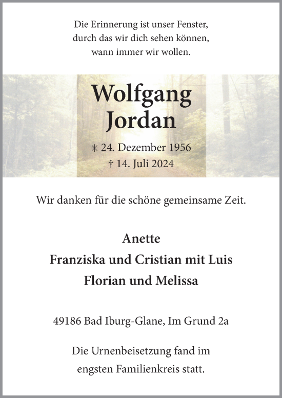 Traueranzeige von Wolfgang Jordan von Neue Osnabrücker Zeitung GmbH & Co. KG