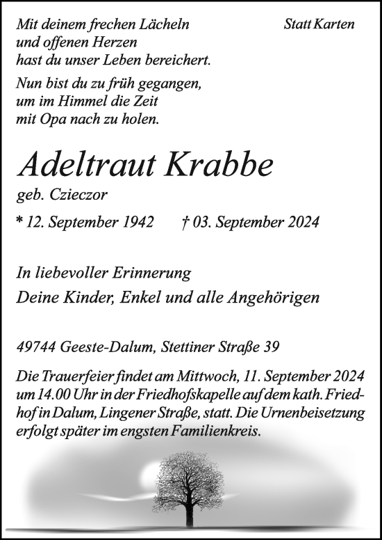 Traueranzeige von Adeltraut Krabbe von Neue Osnabrücker Zeitung GmbH & Co. KG