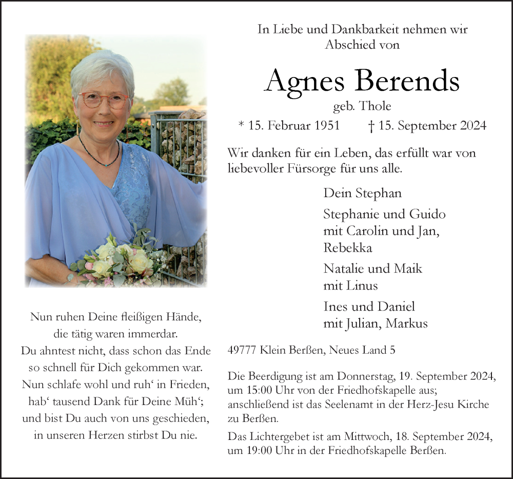  Traueranzeige für Agnes Berends vom 17.09.2024 aus Neue Osnabrücker Zeitung GmbH & Co. KG