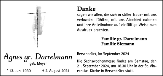 Traueranzeige von Agnes gr. Darrelmann von Neue Osnabrücker Zeitung GmbH & Co. KG