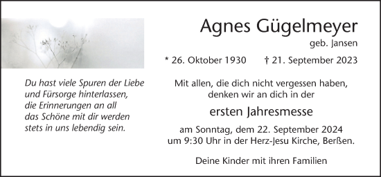 Traueranzeige von Agnes Gügelmeyer von Neue Osnabrücker Zeitung GmbH & Co. KG