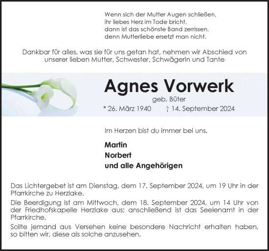 Traueranzeige von Agnes Vorwerk von Neue Osnabrücker Zeitung GmbH & Co. KG