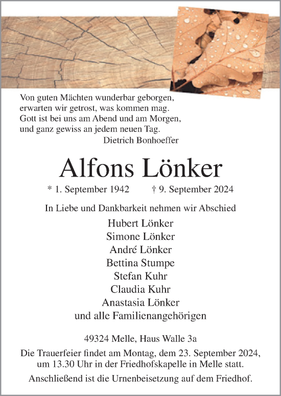 Traueranzeige von Alfons Lönker von Neue Osnabrücker Zeitung GmbH & Co. KG