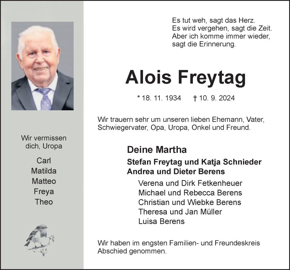  Traueranzeige für Alois Freytag vom 21.09.2024 aus Neue Osnabrücker Zeitung GmbH & Co. KG