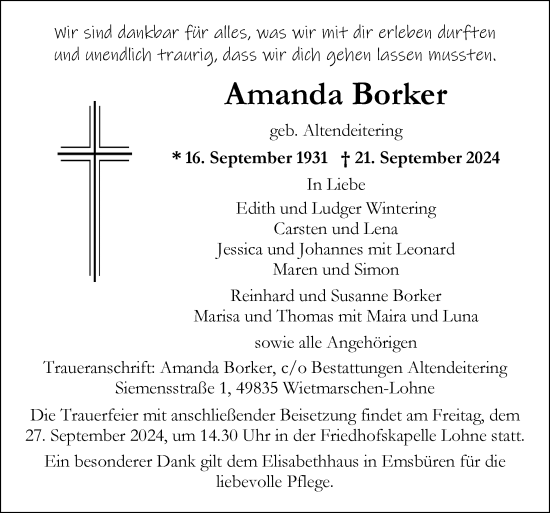 Traueranzeige von Amanda Borker von Neue Osnabrücker Zeitung GmbH & Co. KG