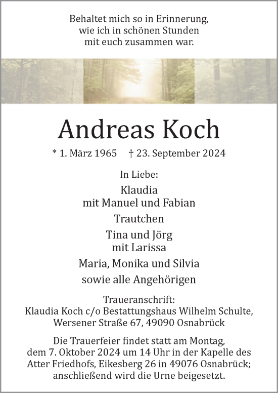 Traueranzeige von Andreas Koch von Neue Osnabrücker Zeitung GmbH & Co. KG