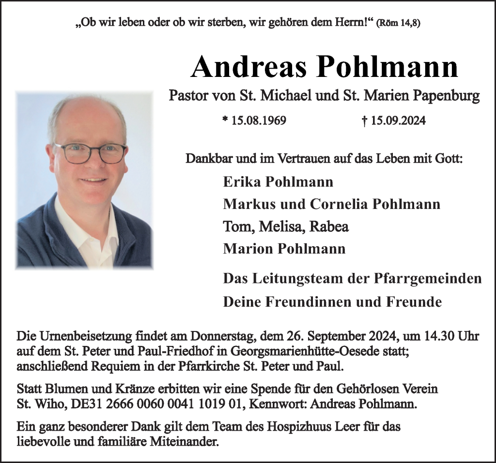  Traueranzeige für Andreas Pohlmann vom 21.09.2024 aus Neue Osnabrücker Zeitung GmbH & Co. KG