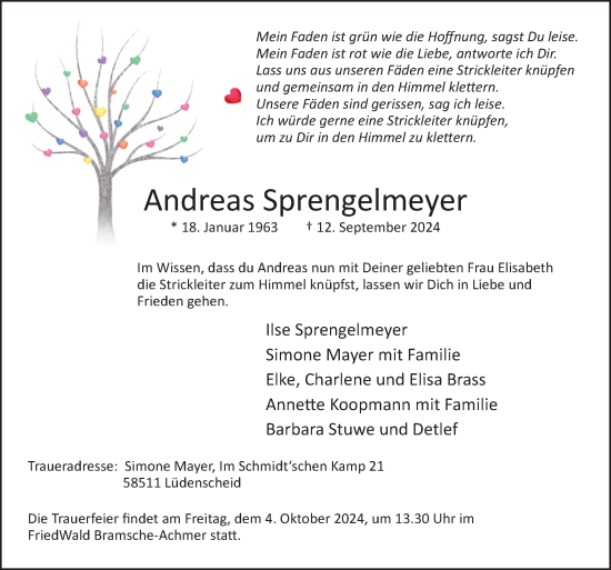 Traueranzeige von Andreas Sprengelmeyer von Neue Osnabrücker Zeitung GmbH & Co. KG