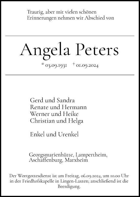 Traueranzeige von Angela Peters von Neue Osnabrücker Zeitung GmbH & Co. KG