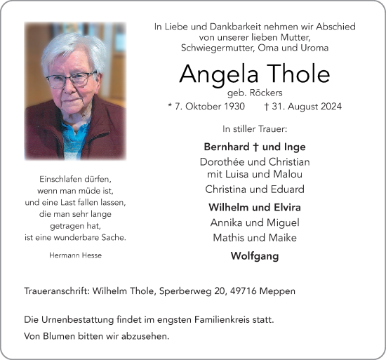 Traueranzeige von Angela Thole von Neue Osnabrücker Zeitung GmbH & Co. KG