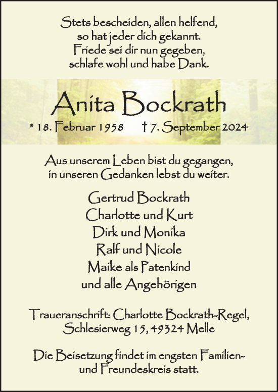 Traueranzeige von Anita Bockrath von Neue Osnabrücker Zeitung GmbH & Co. KG