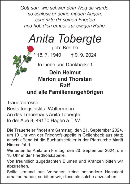 Traueranzeige von Anita Tobergte von Neue Osnabrücker Zeitung GmbH & Co. KG