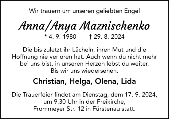 Traueranzeige von Anna Maznischenko von Neue Osnabrücker Zeitung GmbH & Co. KG