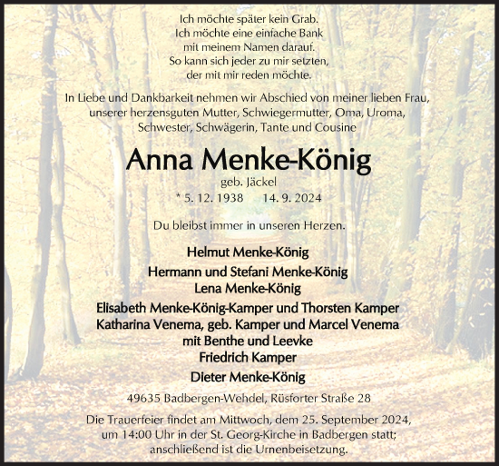 Traueranzeige von Anna Menke-König von Neue Osnabrücker Zeitung GmbH & Co. KG