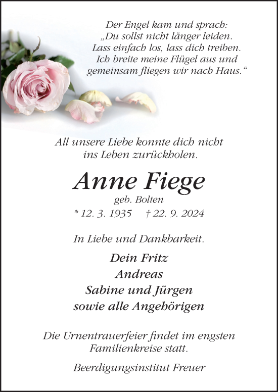 Traueranzeige von Anne Fiege von DK Medien GmbH & Co. KG