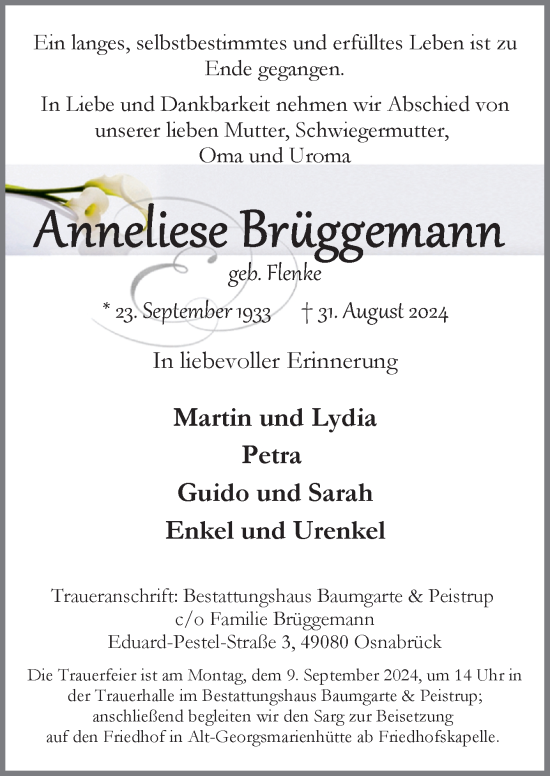 Traueranzeige von Anneliese Brüggemann von Neue Osnabrücker Zeitung GmbH & Co. KG