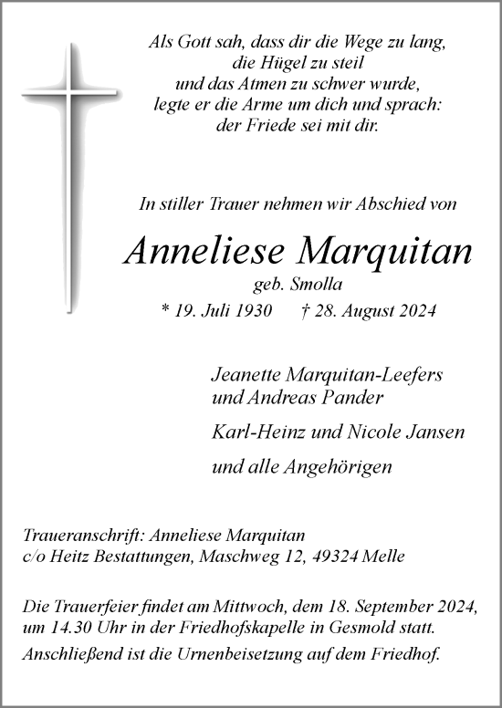 Traueranzeige von Anneliese Marquitan von Neue Osnabrücker Zeitung GmbH & Co. KG