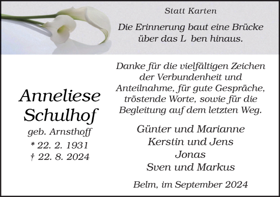 Traueranzeige von Anneliese Schulhof von Neue Osnabrücker Zeitung GmbH & Co. KG