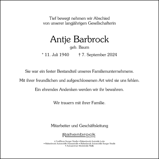 Traueranzeige von Antje Barbrock von Neue Osnabrücker Zeitung GmbH & Co. KG