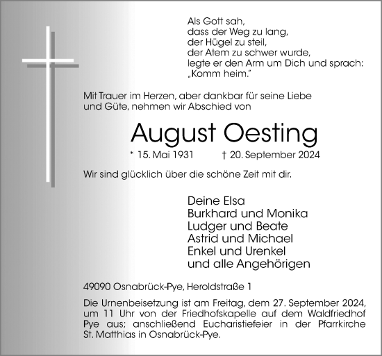 Traueranzeige von August Oesting von Neue Osnabrücker Zeitung GmbH & Co. KG