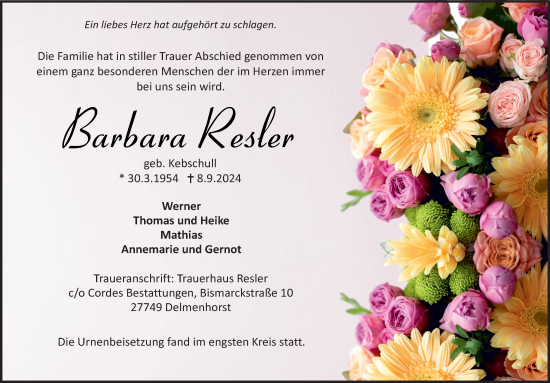 Traueranzeige von Barbara Resler von DK Medien GmbH & Co. KG