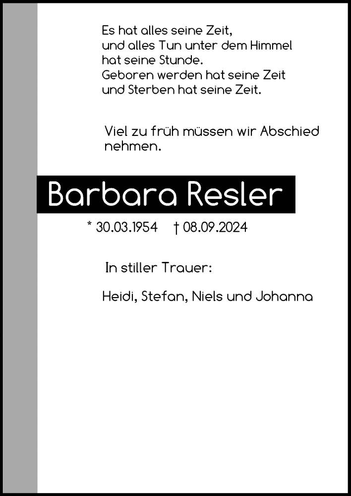  Traueranzeige für Barbara Resler vom 21.09.2024 aus DK Medien GmbH & Co. KG